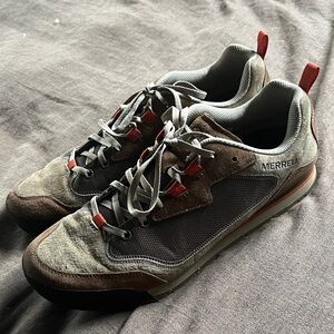 Merrell Men's Gray and Brown Athletic Shoes with Red Accents